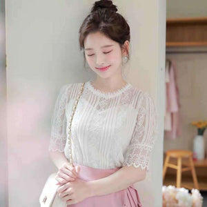 931 RibbonFish Women's Style Hollow Out O-neck Half Sleeve Lace Blouses Top Plus