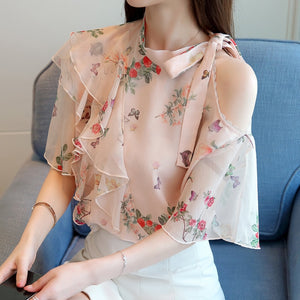 1221 XIAO Women's Butterfly Short Sleeve Ruffles Print Pink Chiffon Blouse