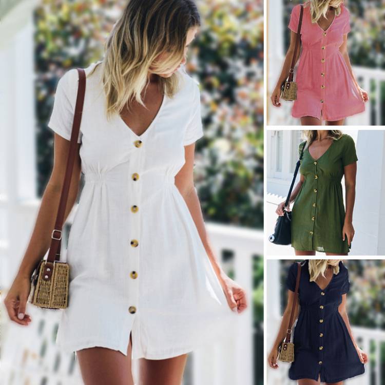 1324 Women's Summer Candy Color V-neck Short Sleeve Slimming Mini Dress