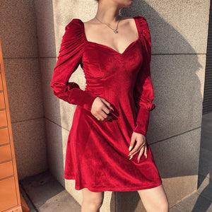 476 Fitshinling Vintage Style Gothic Velvet Long Sleeve A-Line Buttons Dress