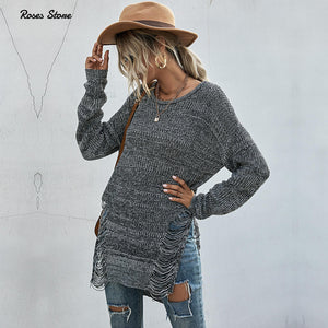 708 LISCN Women's Ripped Distressed Long Sleeve Ribbed Sweater Tops