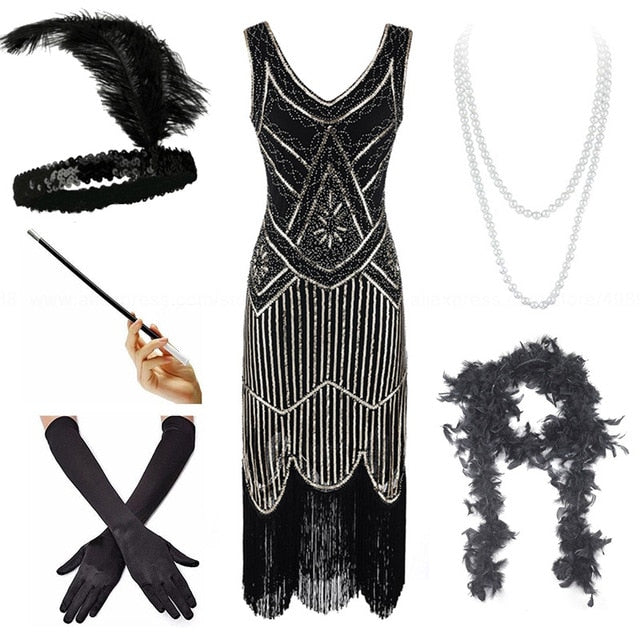 517 Great Gatsby 1920s Sequin Beaded Fringed Flapper Dress w/Accessori ...