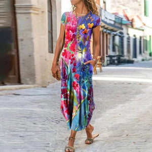 260 BISHAN Women's Vintage Style Short Sleeve Floral Print Long Summer Dress